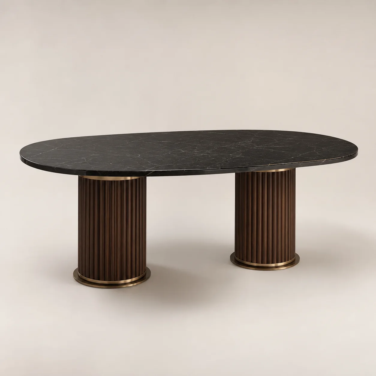 Opéra Dining Table studio concept visual in black stone, dark walnut, brass foot detail