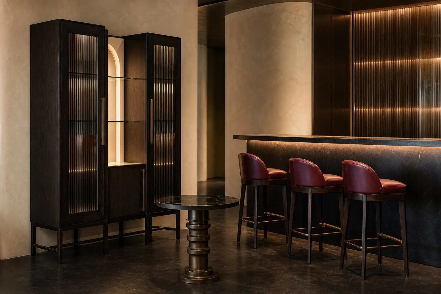 New Deco cocktail bar with black lacquer cabinet, brass details and oxblood stools