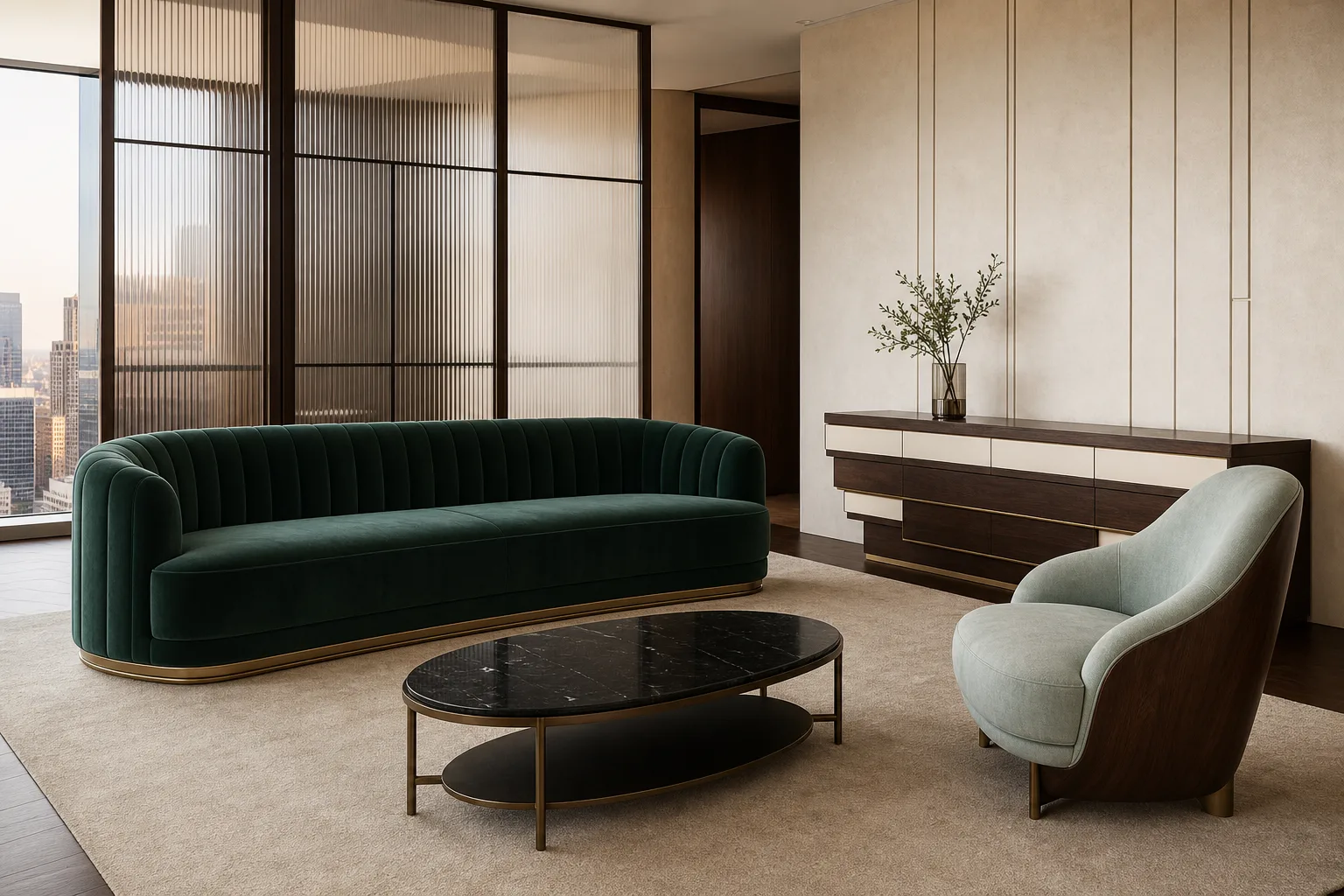 Contemporary Art Deco suite with green velvet sofa, black stone table and brass details