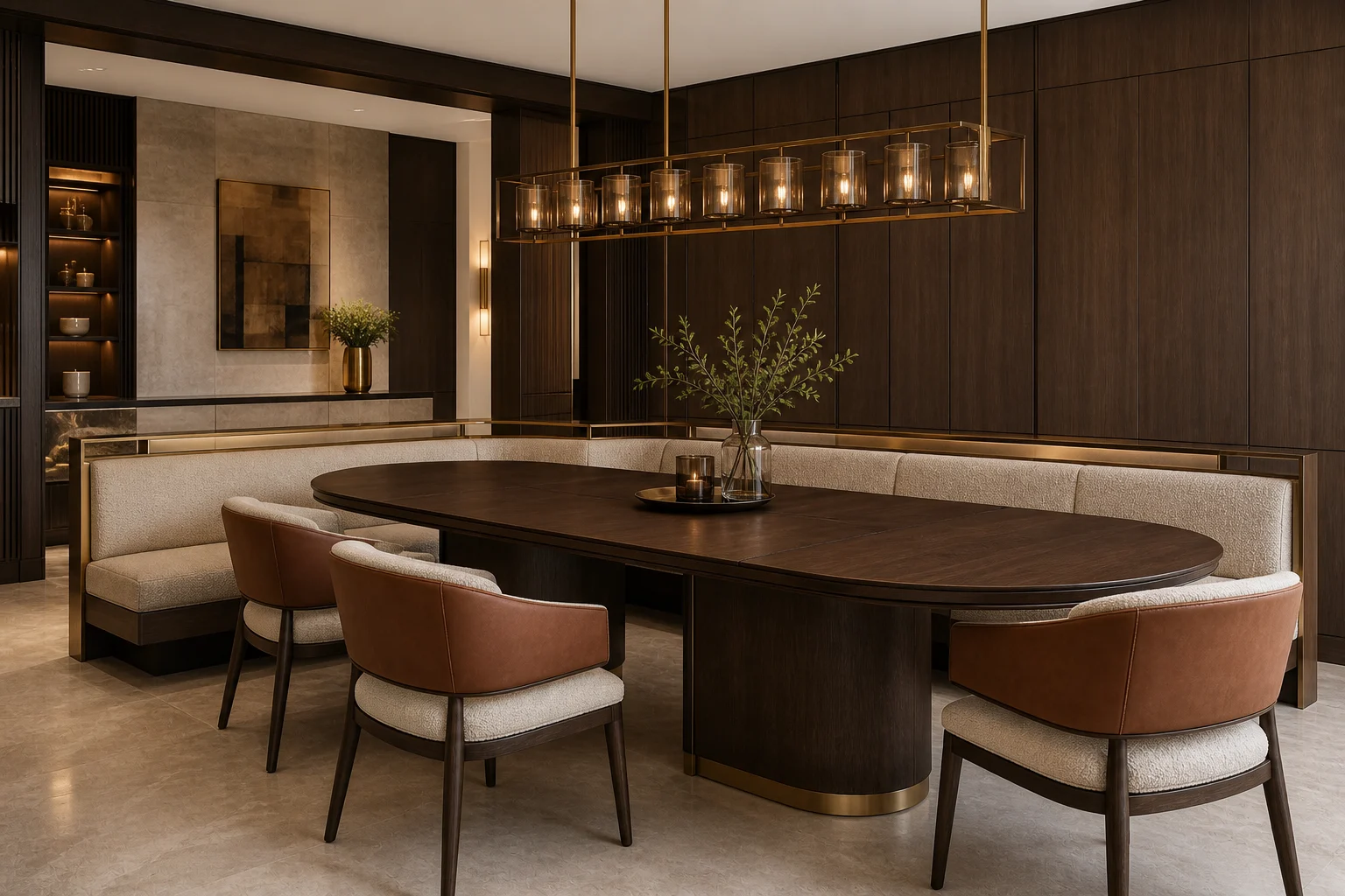 Branded residence private dining room with extending walnut table, upholstered chairs and marble details