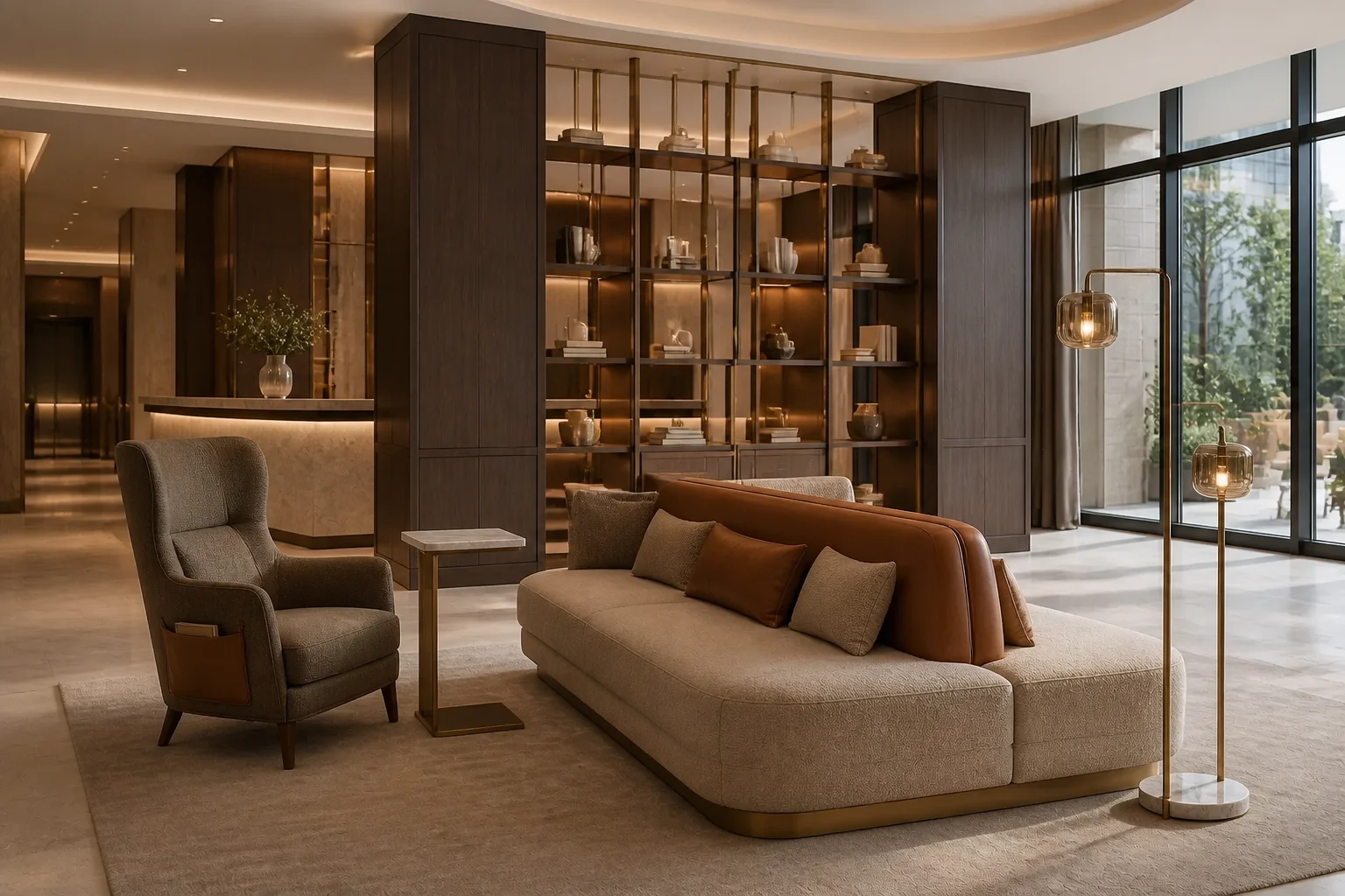 Private residential hotel lobby with conversation sofa, library chairs and warm brass lighting