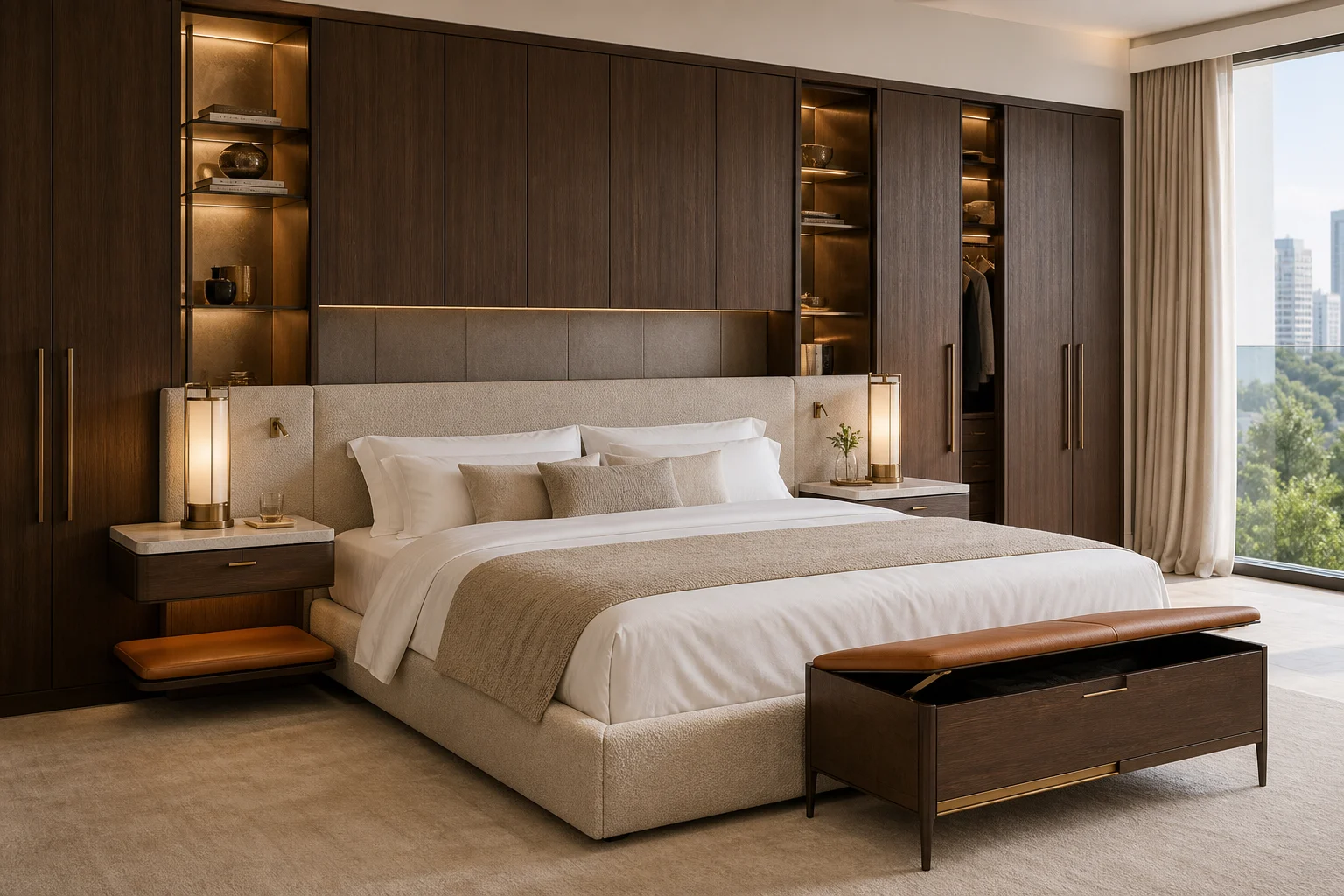 Luxury residence hotel bedroom with integrated walnut wardrobe headboard, marble nightstand and luggage storage