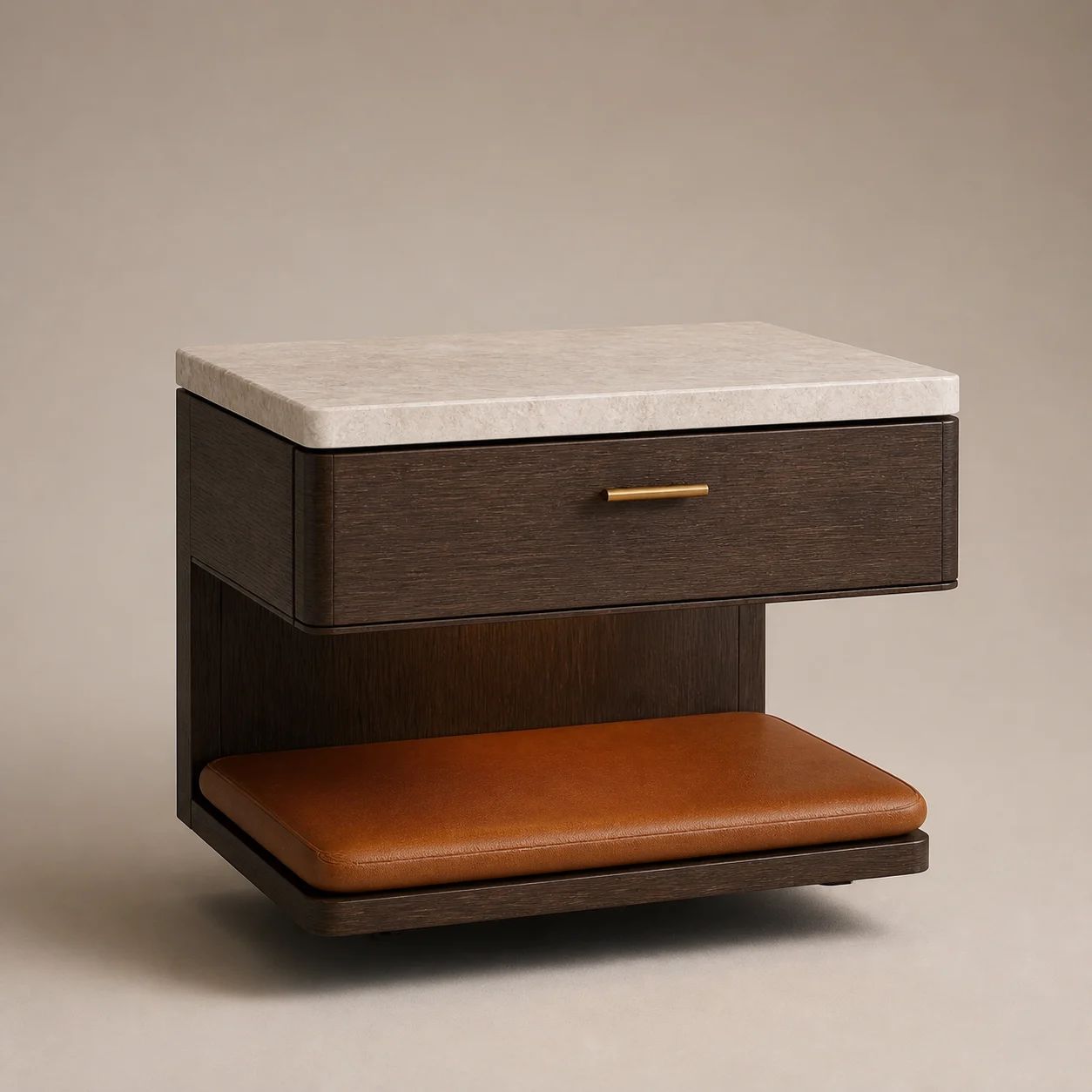 Alcove Drawer Night Table studio concept visual in dark walnut, pale marble, cognac leather, brushed brass