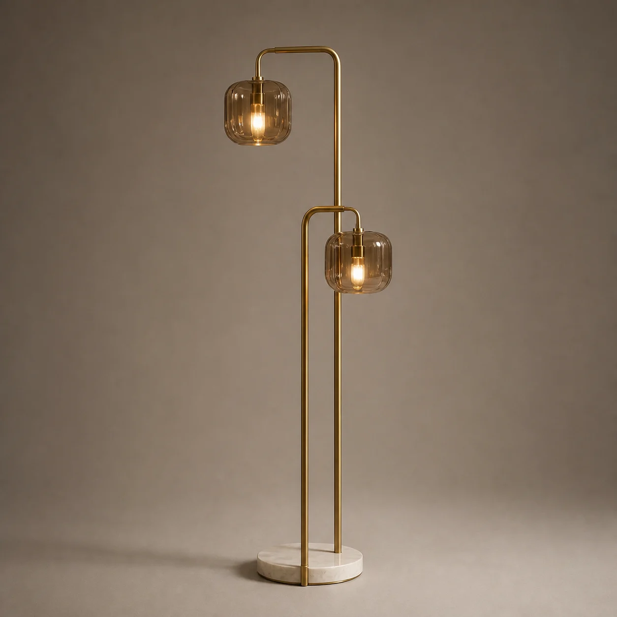 Archive Floor Lamp studio concept visual in brushed brass, bronze glass, pale marble