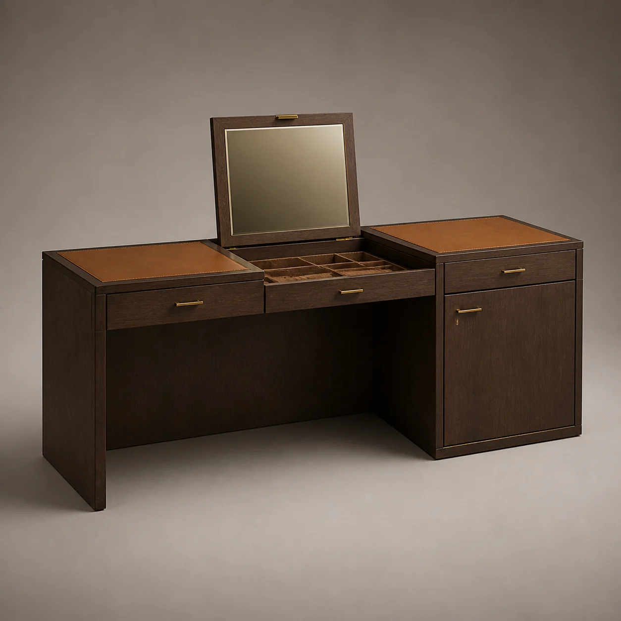 Atelier Desk–Vanity Console studio concept visual in dark walnut, cognac leather, bronze mirror, brushed brass