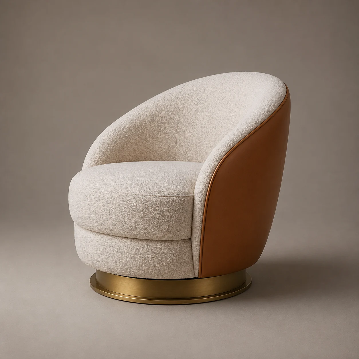 Club Swivel Lounge Chair studio concept visual in ivory textile, cognac leather, brushed-brass base