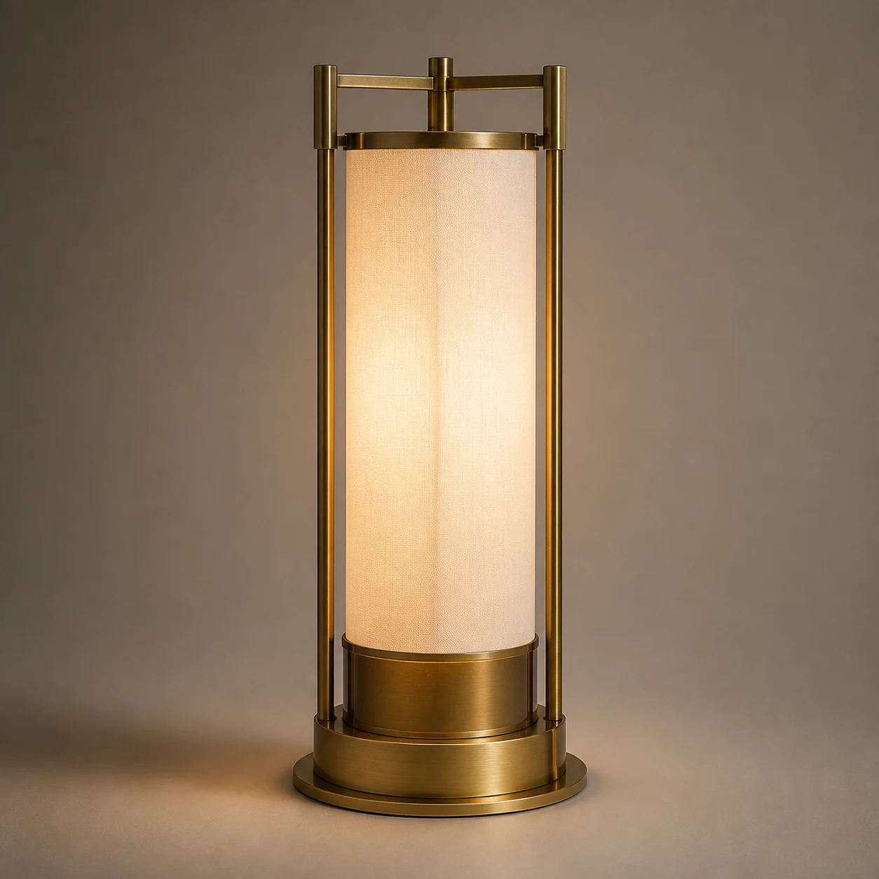 Column Glass Table Lamp studio concept visual in bronze glass, brushed brass, ivory linen