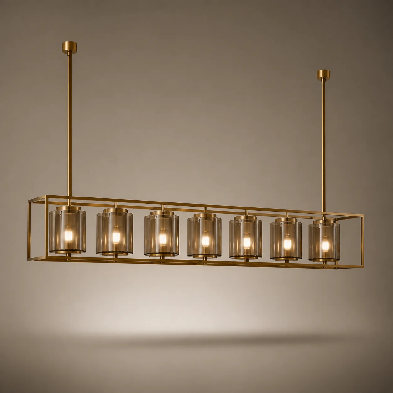 Crown Linear Pendant studio concept visual in bronze glass, brushed brass, warm opal