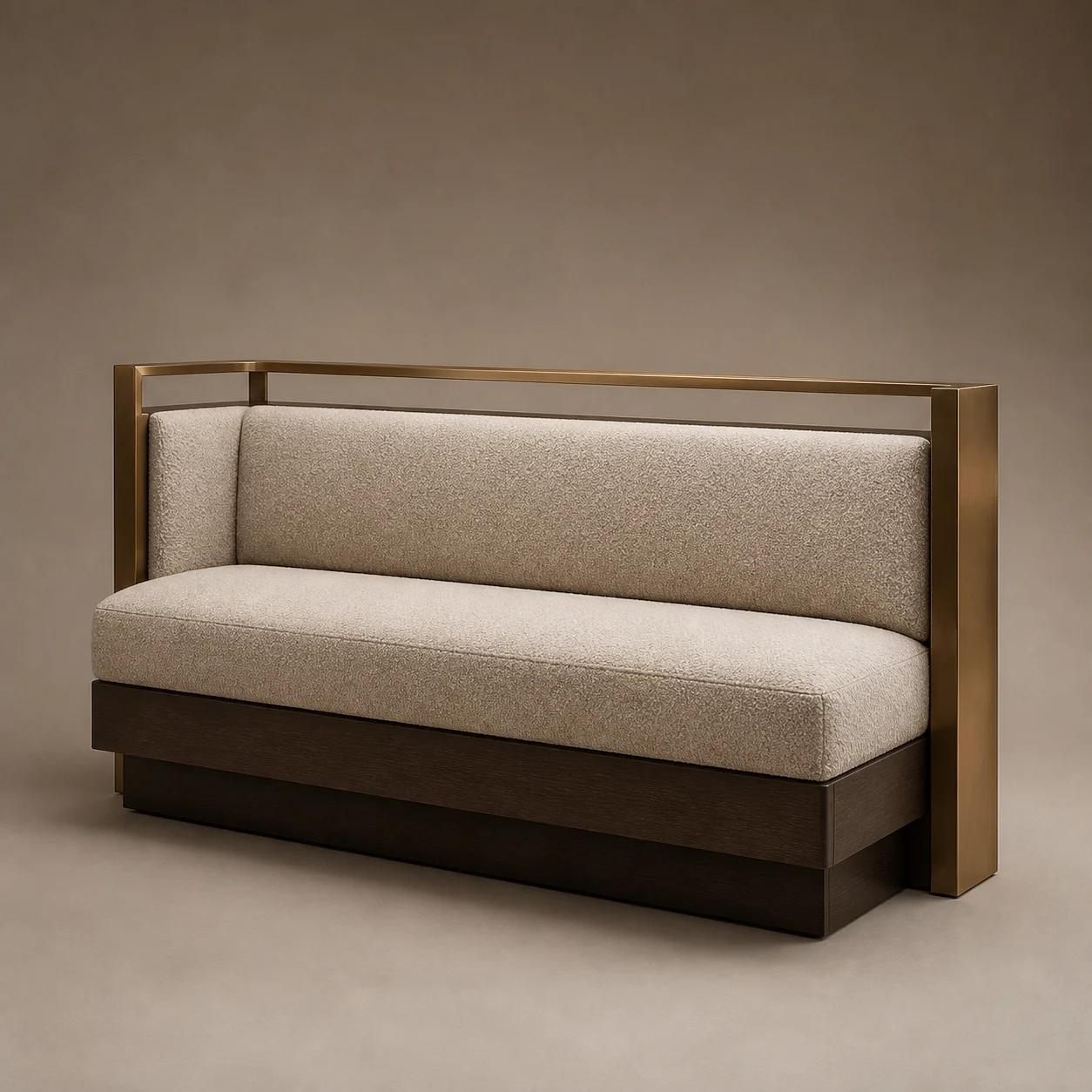 Drawing Room Banquette studio concept visual in warm bouclé, dark-walnut plinth, brushed brass