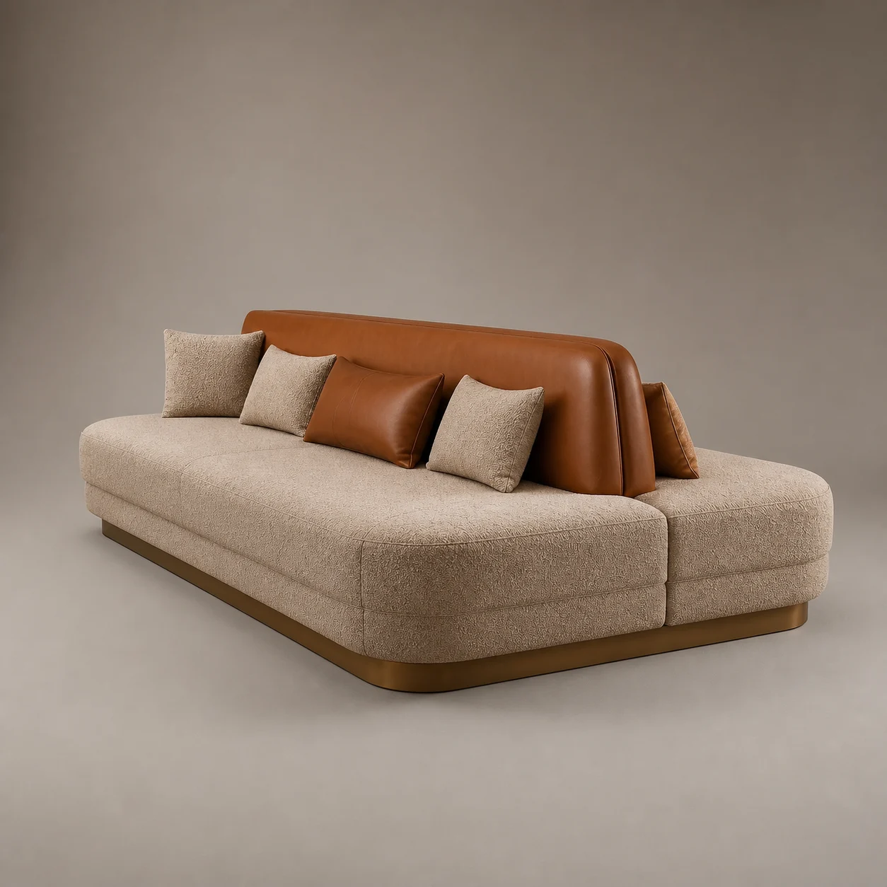 Gallery Conversation Sofa studio concept visual in warm bouclé, cognac leather divider, brass shadow base