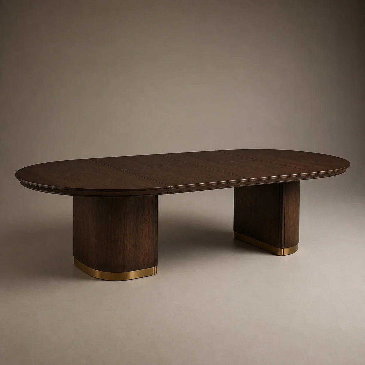 Host Extension Dining Table studio concept visual in dark walnut, brushed-brass foot detail
