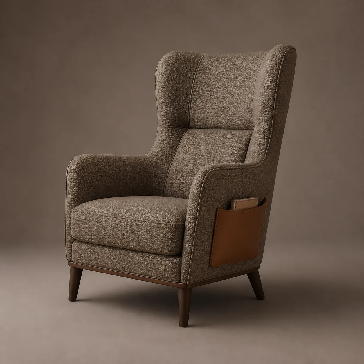Library Reading Chair studio concept visual in deep taupe textile, cognac leather, dark-walnut feet