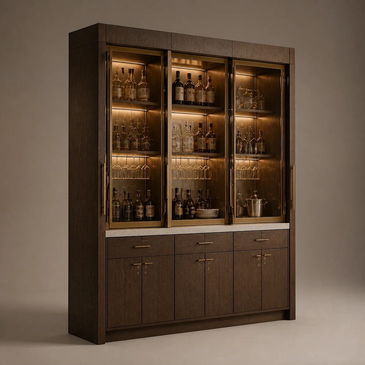 Owners’ Bar Cabinet studio concept visual in dark walnut, bronze glass, pale marble, brushed brass