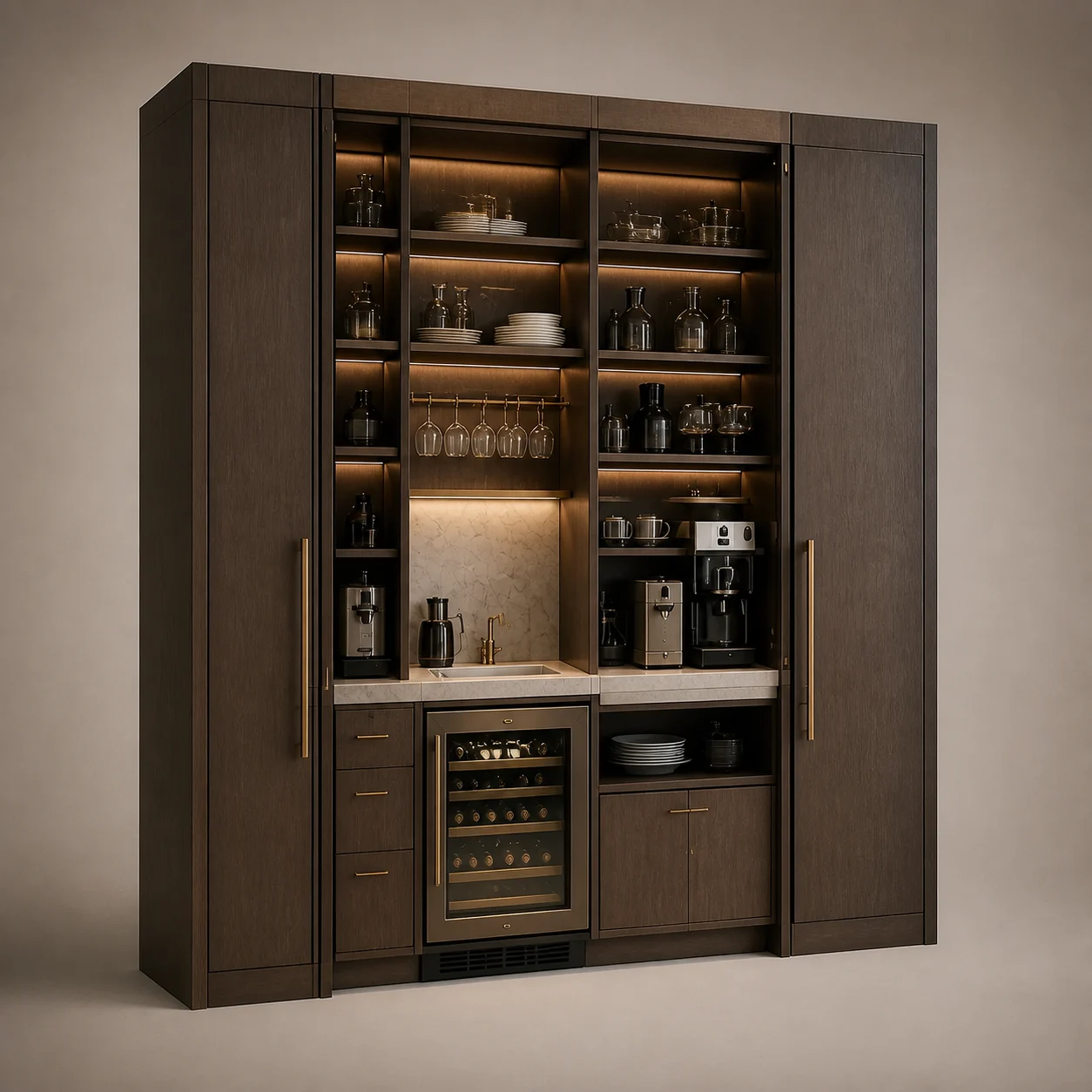 Pantry–Minibar Cabinet studio concept visual in dark walnut, pale marble, bronze glass, brushed brass