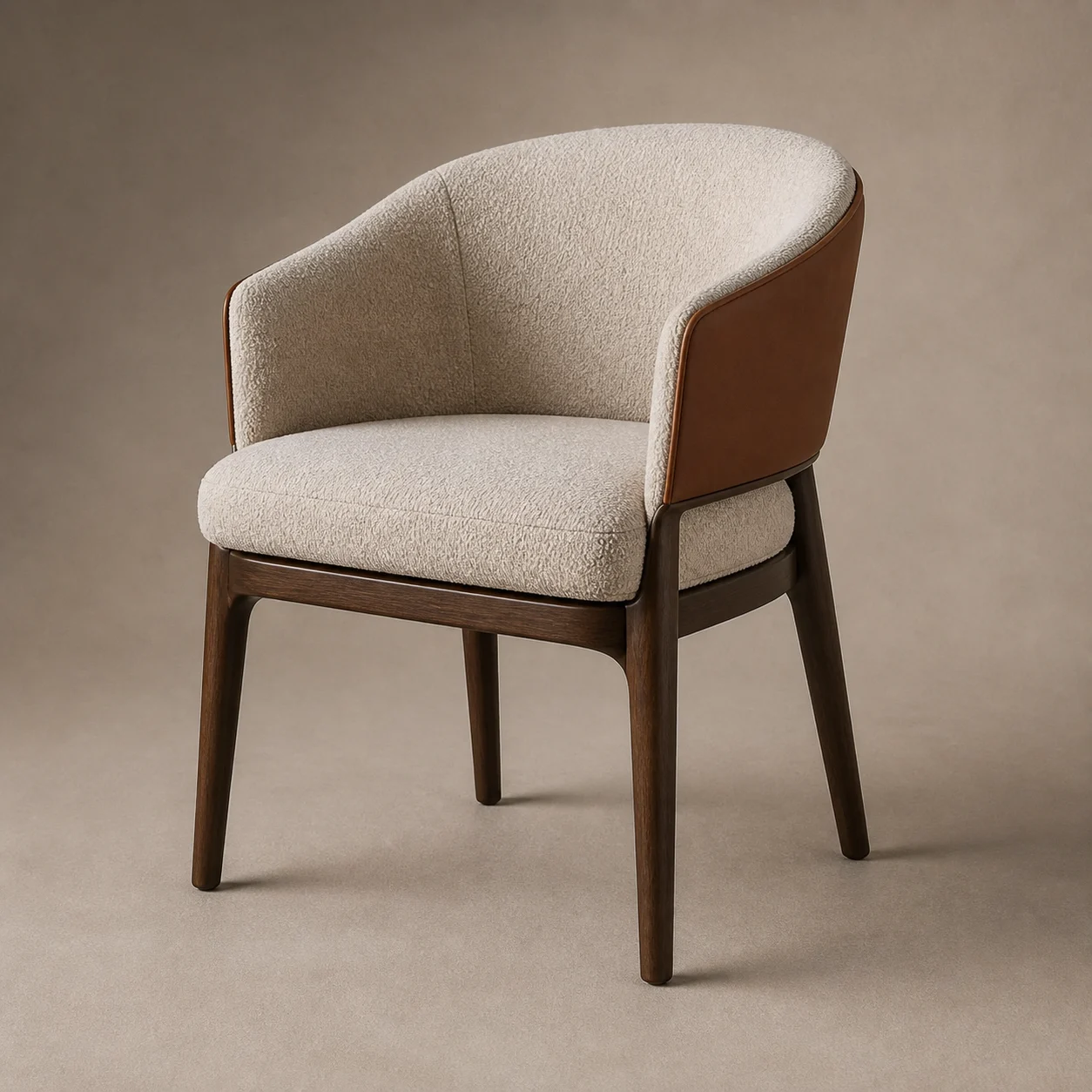 Parlor Dining Armchair studio concept visual in dark walnut, ivory textile, cognac leather outer back