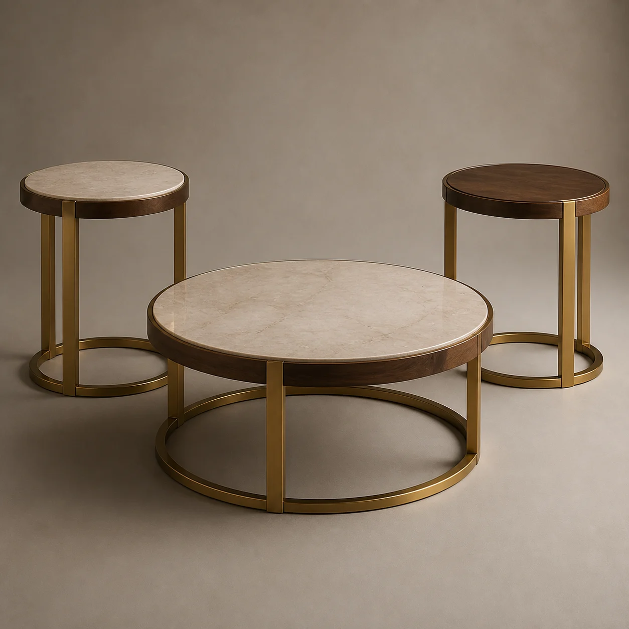 Parlor Nesting Coffee Tables studio concept visual in pale marble, dark walnut, brushed brass