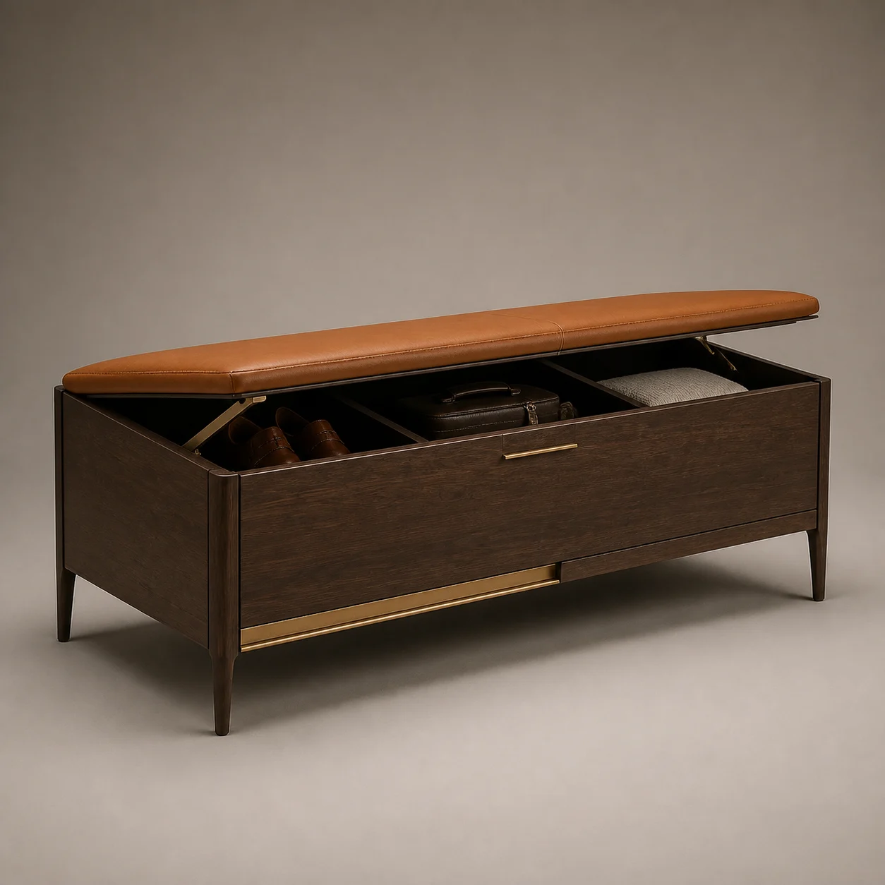 Porter Luggage Storage Bench studio concept visual in dark walnut, cognac leather, brushed-brass detail
