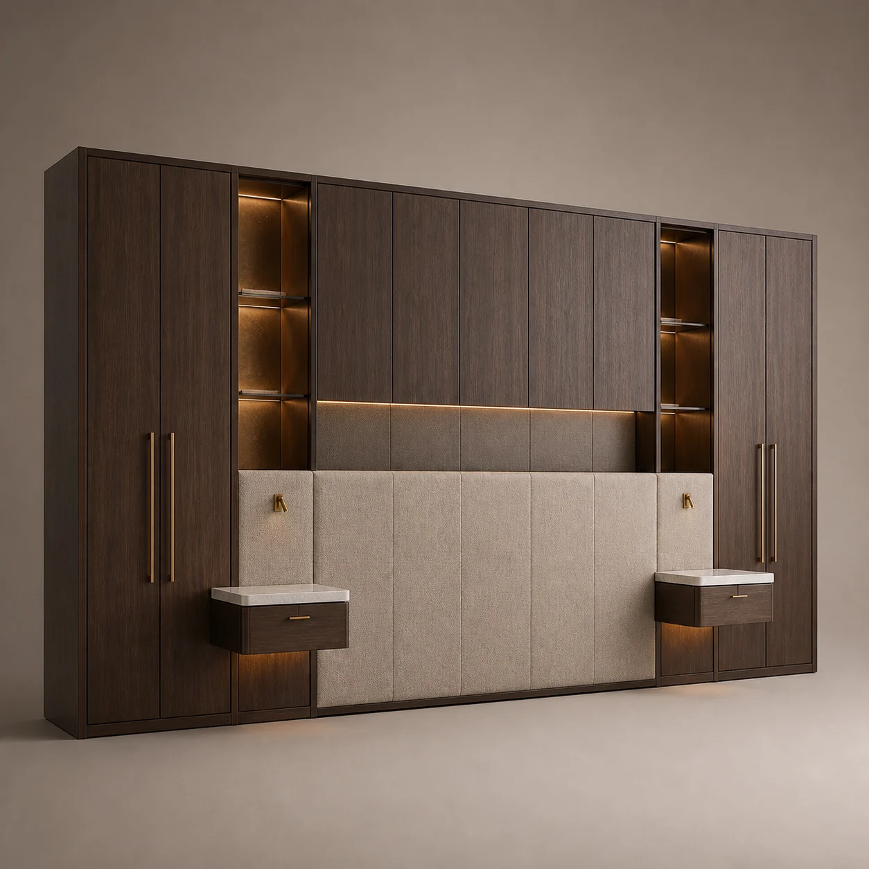 Residence Headboard–Wardrobe Wall studio concept visual in dark walnut, warm bouclé, bronze glass, brushed brass