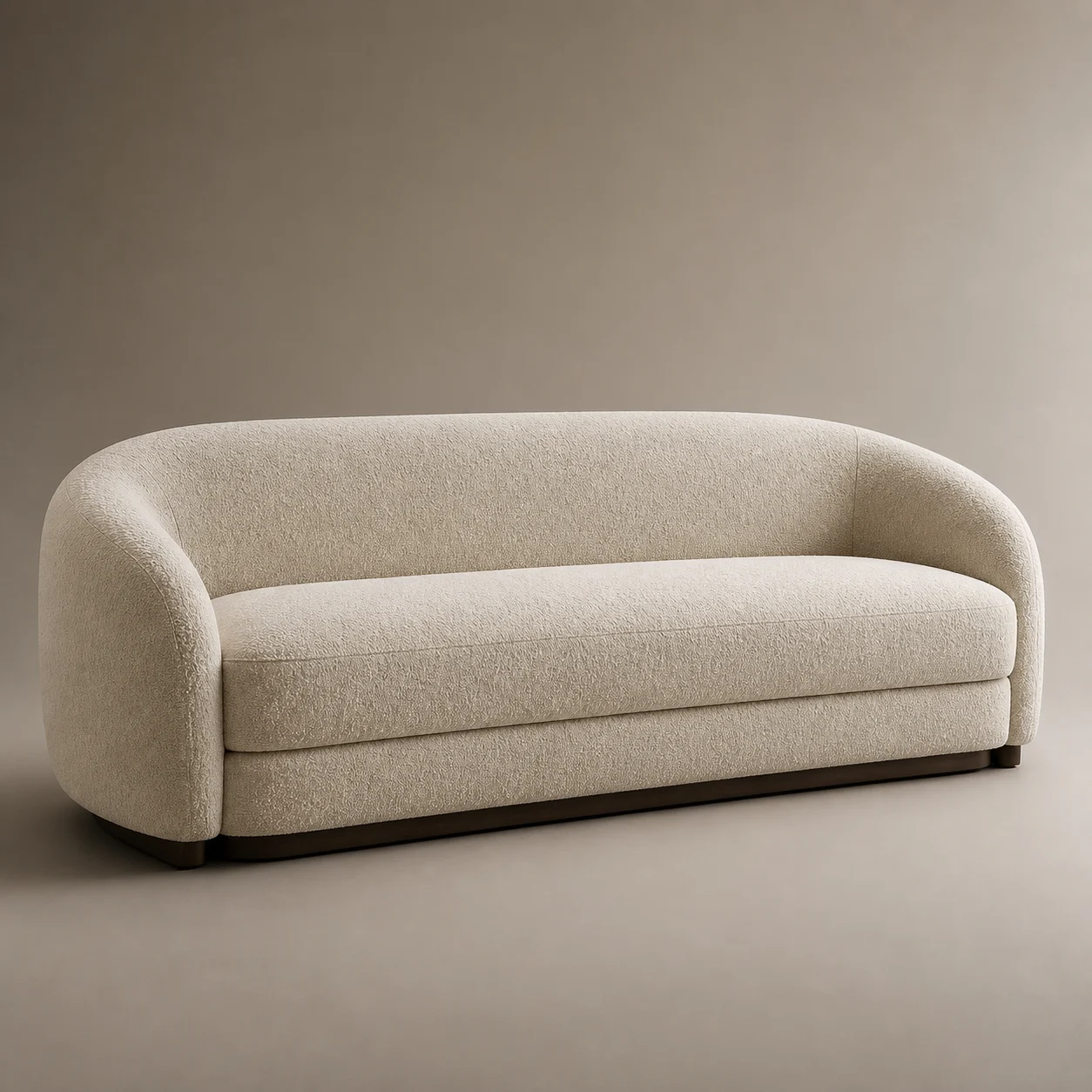 Salon Convertible Sofa studio concept visual in warm bouclé, dark-walnut shadow plinth