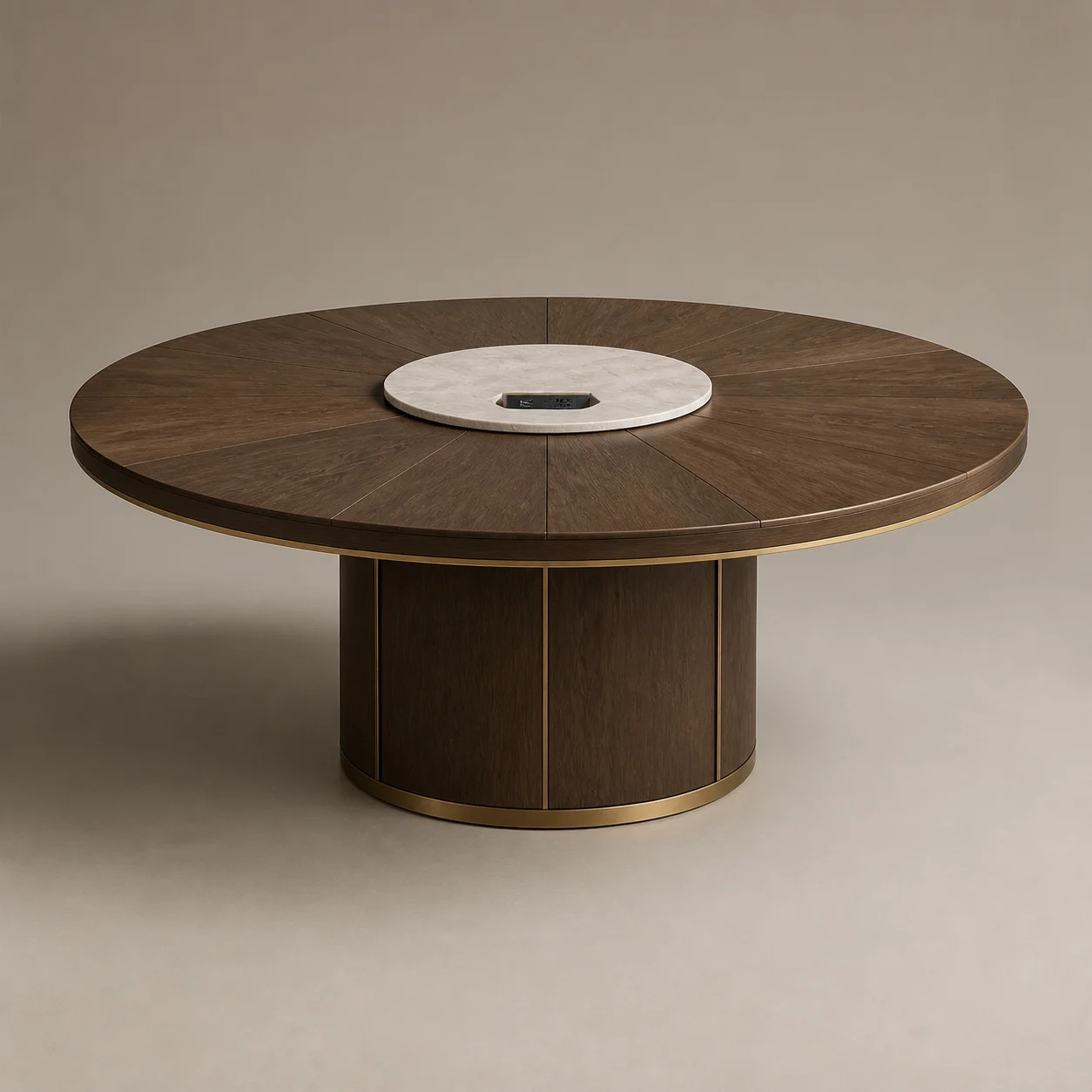 Transform Dining–Work Table studio concept visual in dark walnut, pale marble, brushed brass
