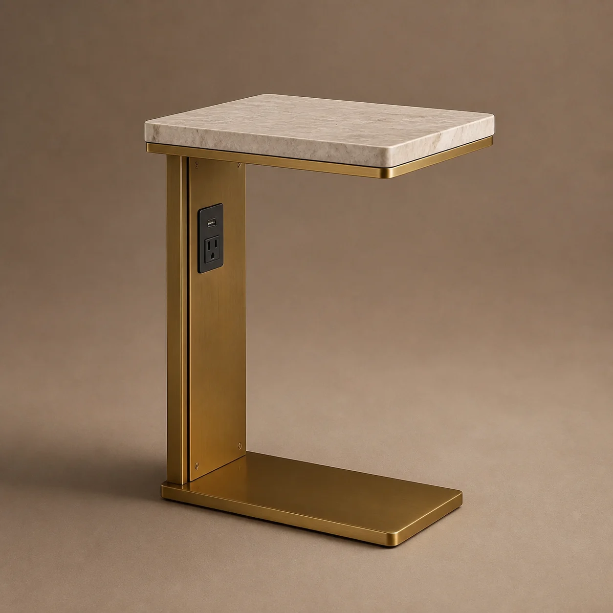 Veranda Power Side Table studio concept visual in pale marble, brushed brass