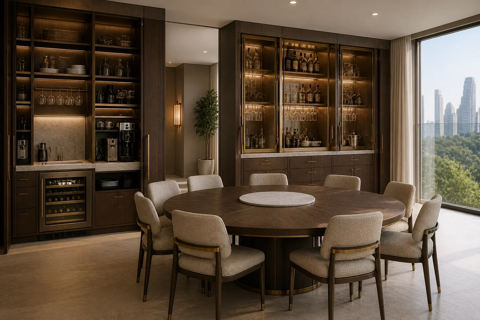 Luxury owners lounge with pantry minibar, convertible table and illuminated walnut bar cabinet