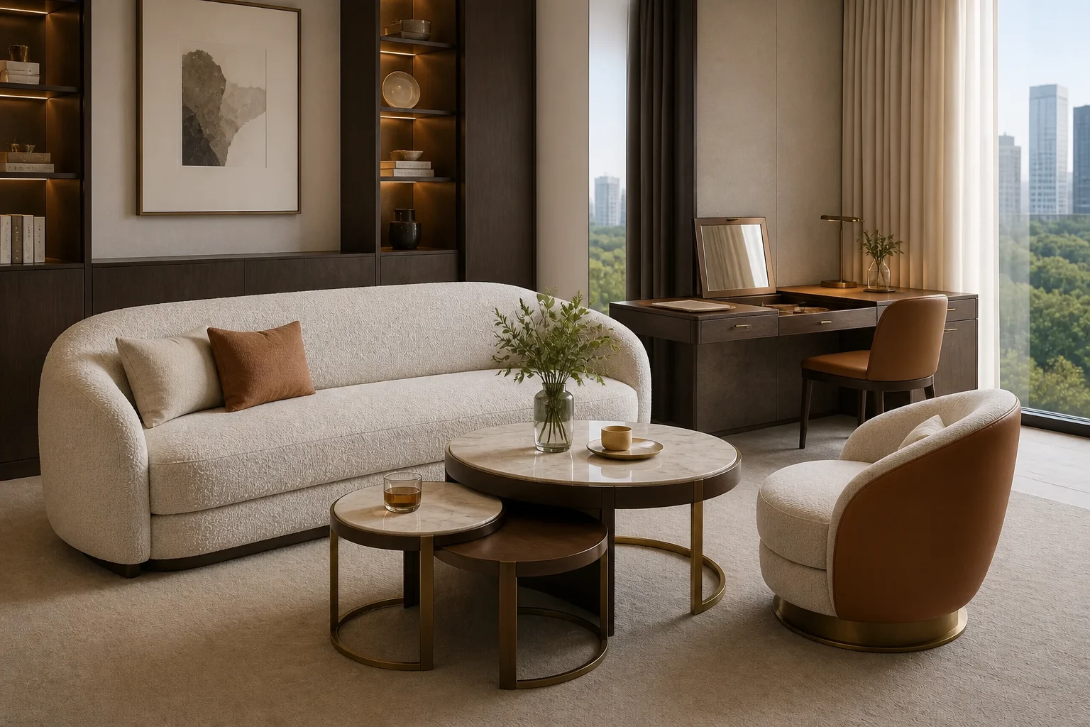 Branded residence hotel suite with convertible sofa, swivel club chair and walnut desk vanity