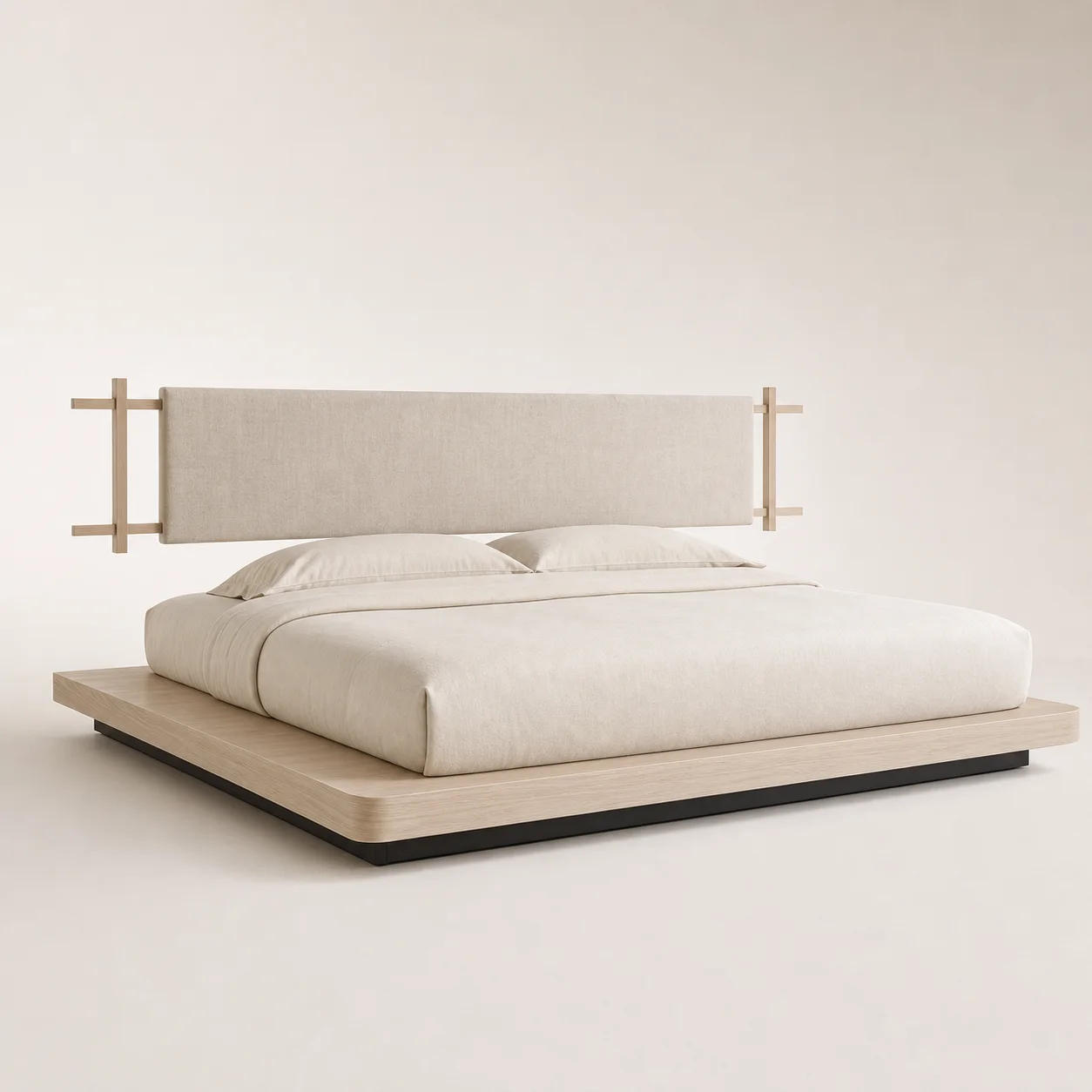 Kanso Platform Bed studio concept visual in pale ash, warm flax linen, charcoal shadow gap