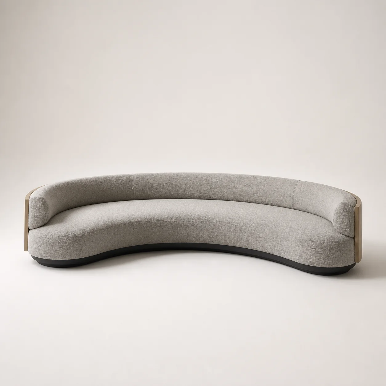 Quiet Arc Sofa studio concept visual in warm-grey textile, charcoal shadow base