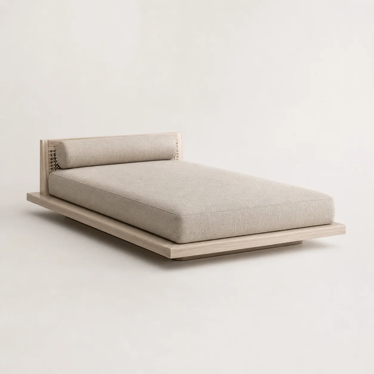 Yū Spa Daybed studio concept visual in pale ash, warm flax upholstery