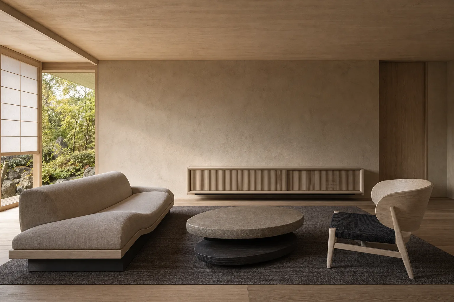 Stillness hotel suite with low linen sofa, ash chair and stone table