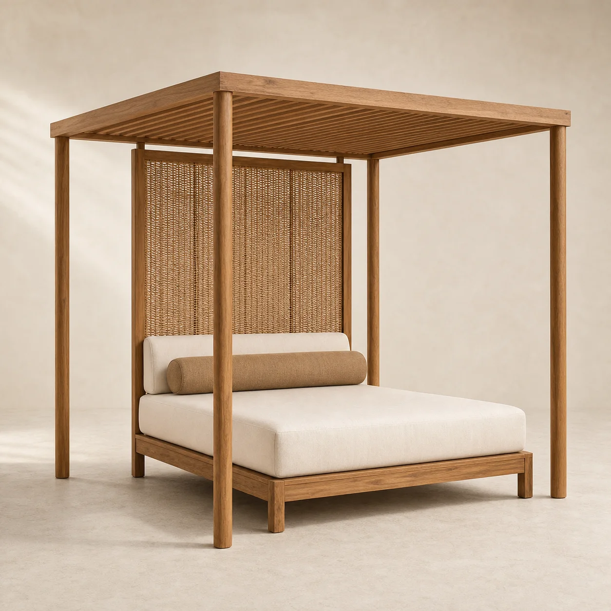Sombra Canopy Daybed studio concept visual in honey teak, natural weave, warm-white outdoor textile