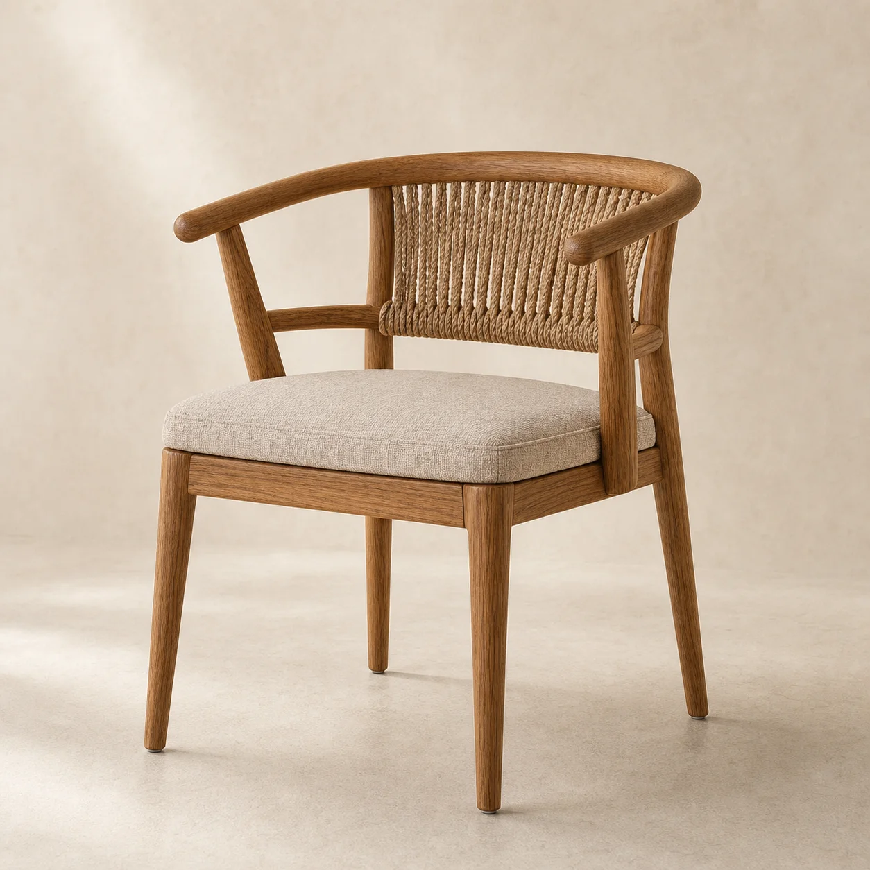 Tulum Cord Dining Chair studio concept visual in honey timber, natural cord, flax seat