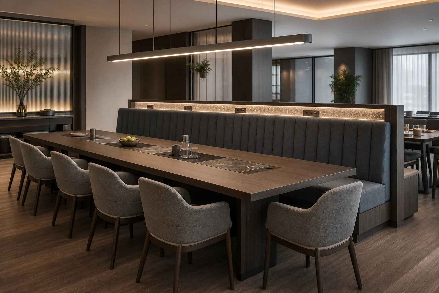 Modern business hotel restaurant with communal table, acoustic banquette and linear pendant