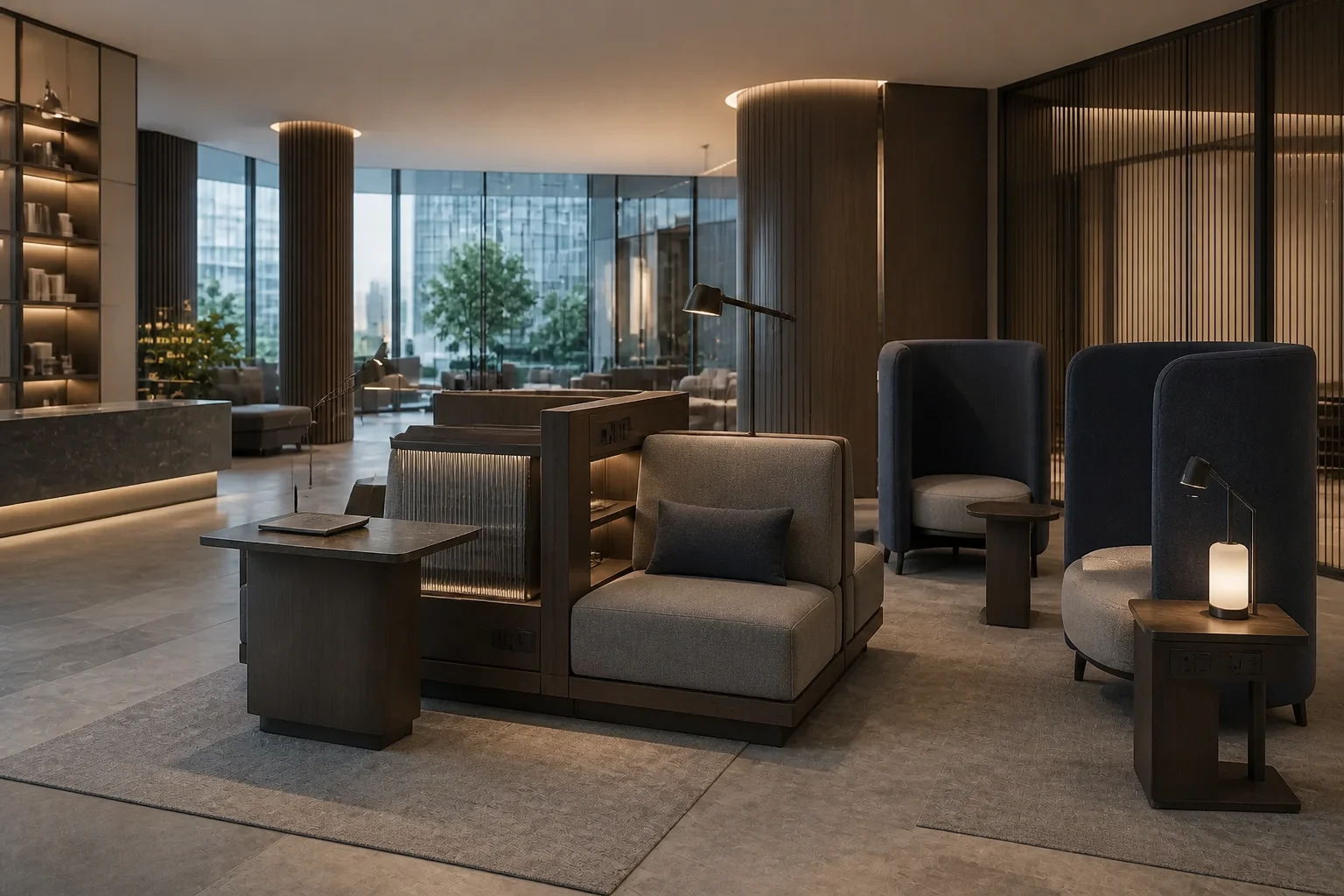 City hotel coworking lobby with modular work sofa, acoustic chairs and integrated charging tables