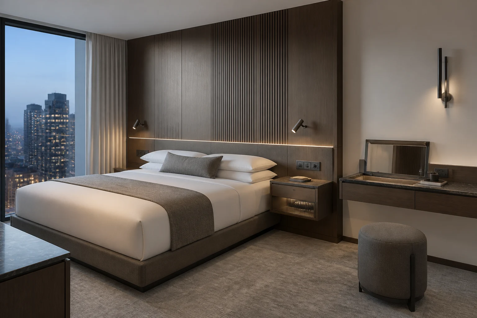 Urban executive hotel guest room with integrated walnut bed wall, floating night table and desk vanity