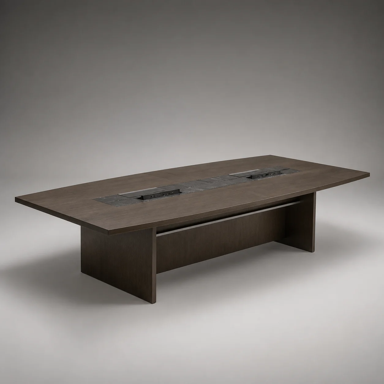 Accord Conference Table studio concept visual in smoked walnut, charcoal stone, satin gunmetal