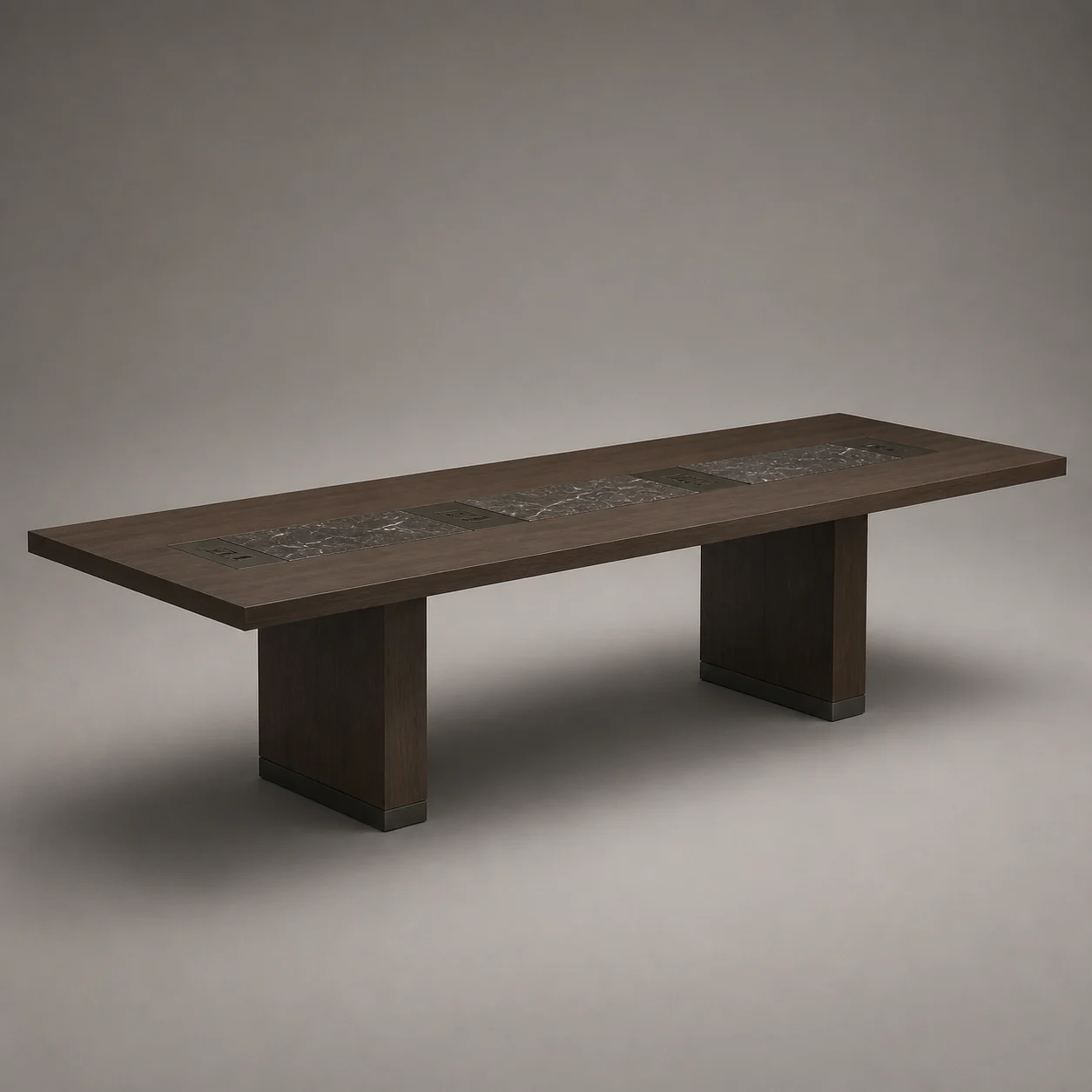 Assembly Refectory Table studio concept visual in smoked walnut, charcoal stone, satin gunmetal