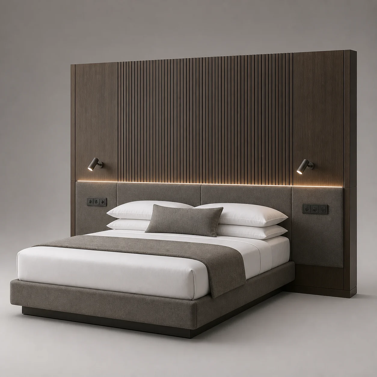 Axis Integrated Bed Wall studio concept visual in smoked walnut, warm-grey textile, satin gunmetal