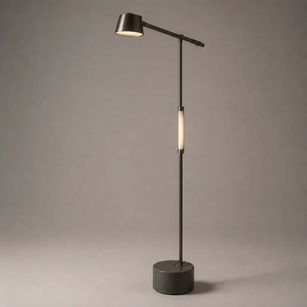 Beacon Task Floor Lamp studio concept visual in satin gunmetal, warm opal, charcoal stone