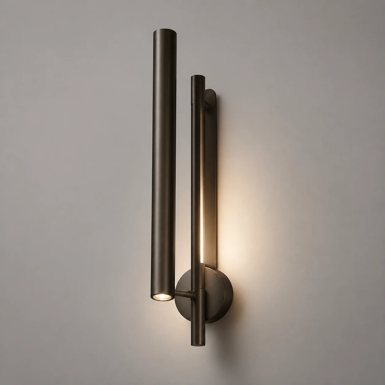 Beam Task Sconce studio concept visual in satin gunmetal, warm opal light