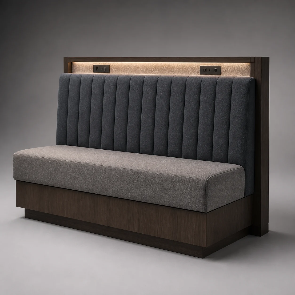 Channel Acoustic Banquette studio concept visual in blue-grey felt, warm-grey seat, smoked-walnut shelf
