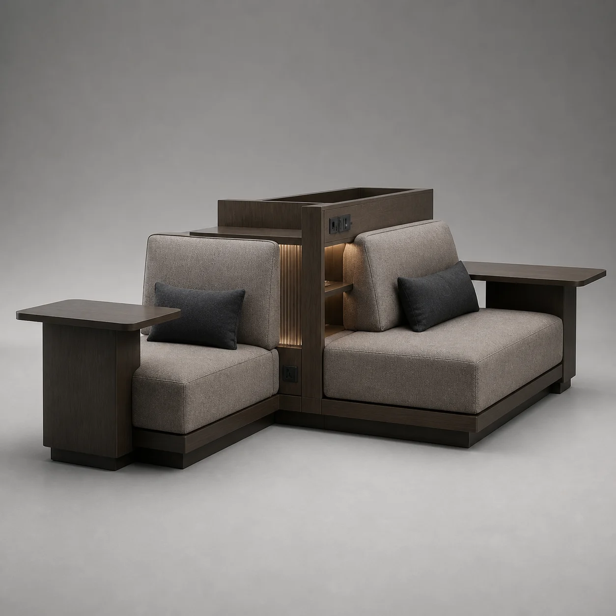 Exchange Modular Work Sofa studio concept visual in graphite and warm-grey textile, smoked walnut