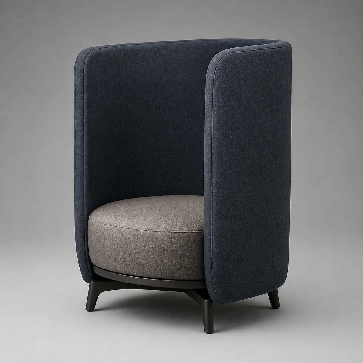 Focus Acoustic Lounge Chair studio concept visual in deep blue-grey felt, warm-grey seat, gunmetal base