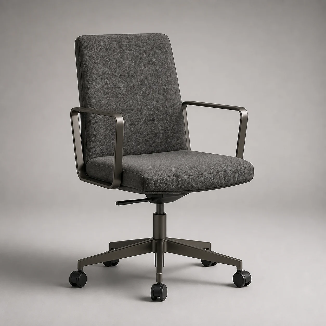 Frame Executive Chair studio concept visual in graphite textile, satin gunmetal base