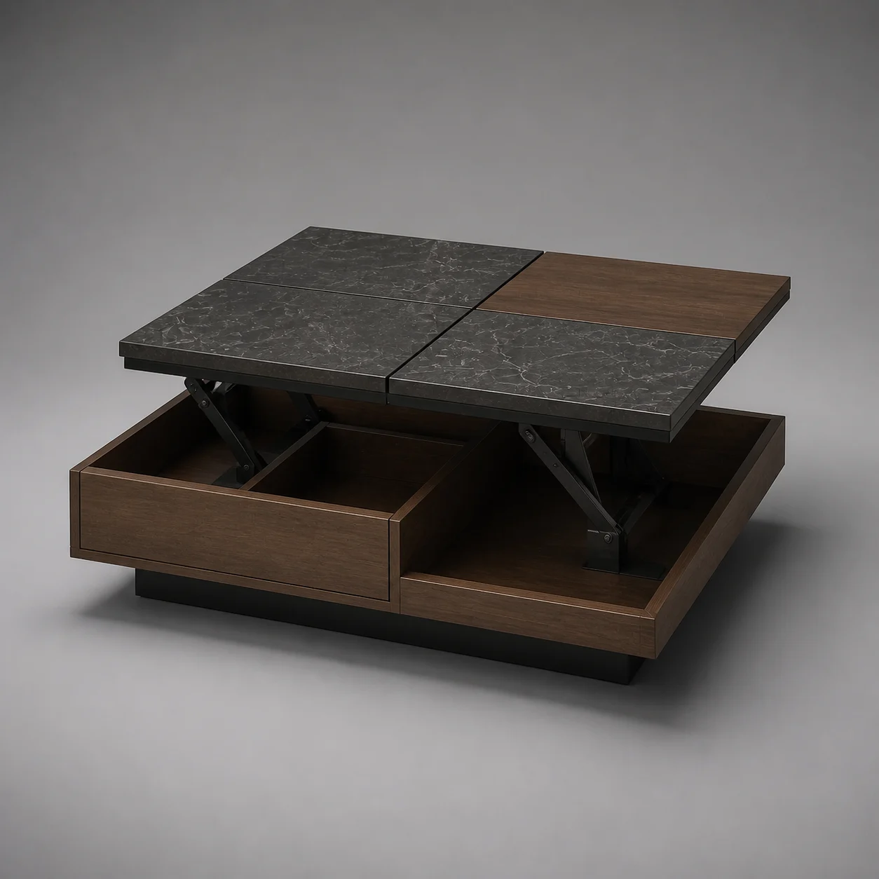 Grid Lift Coffee Table studio concept visual in smoked walnut, charcoal stone, gunmetal mechanism