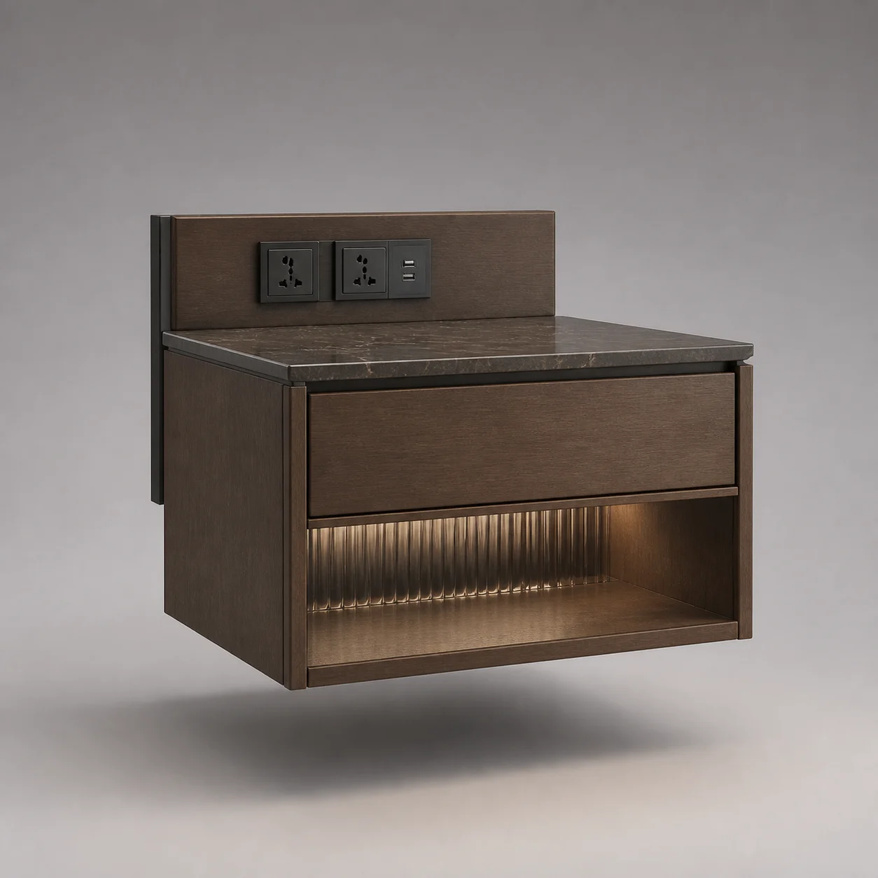 Ledger Floating Night Table studio concept visual in smoked walnut, bronze ribbed glass, satin gunmetal