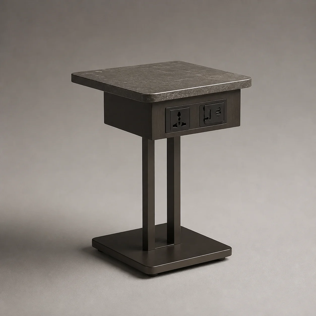 Link Power Side Table studio concept visual in charcoal stone, satin gunmetal