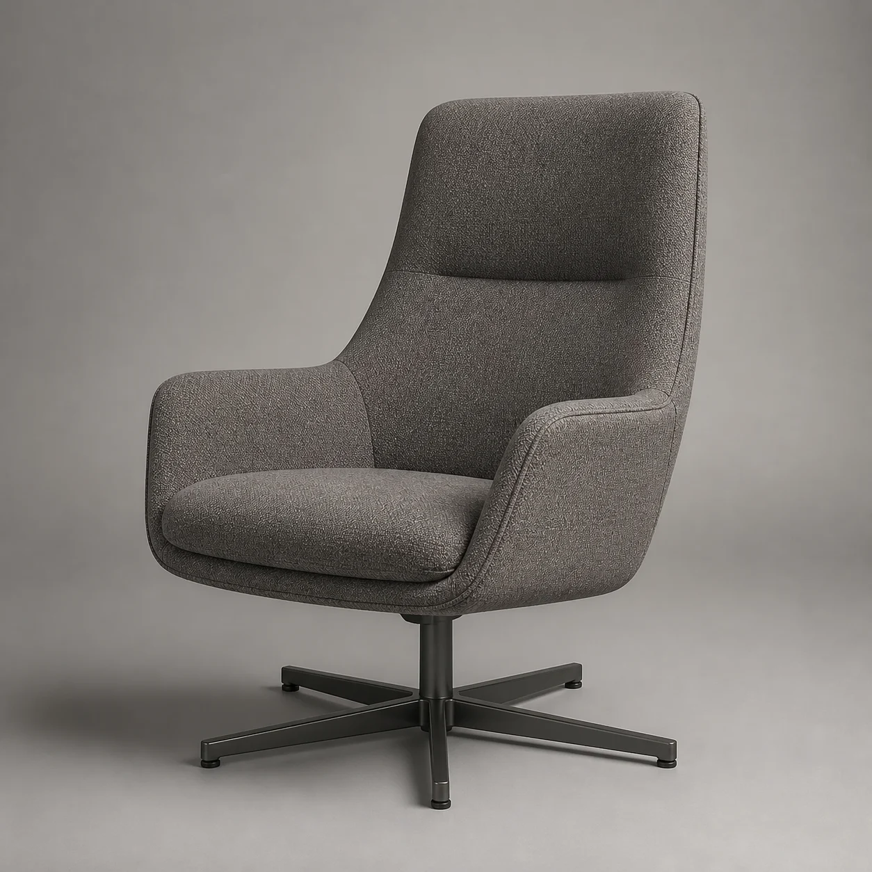 Pivot Work Lounge Chair studio concept visual in warm-grey textile, satin gunmetal base