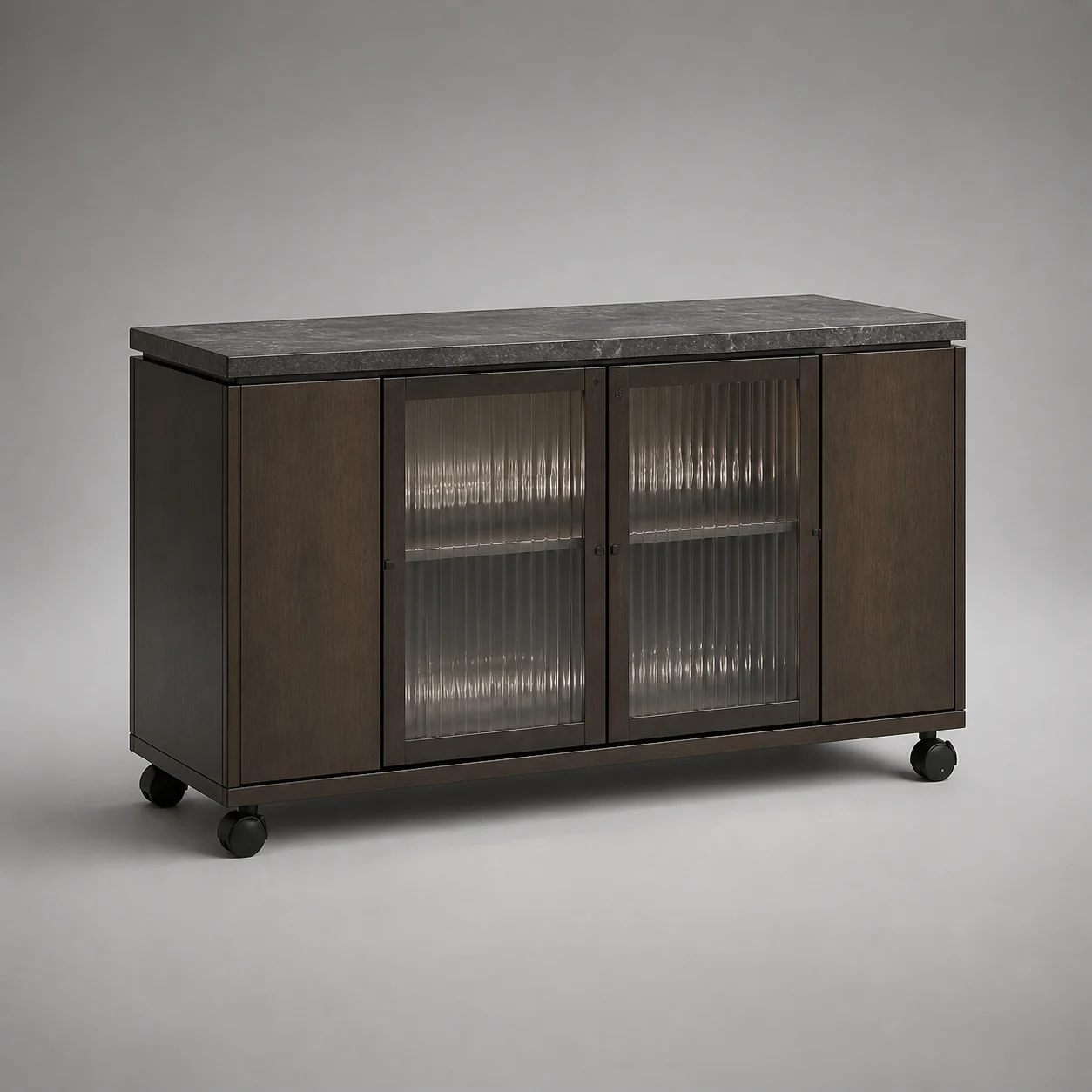 Port Mobile Hospitality Credenza studio concept visual in smoked walnut, ribbed glass, charcoal stone